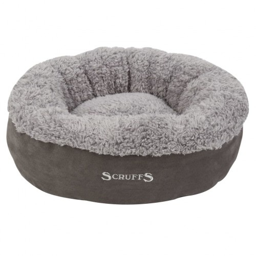 Cama cinza para animais de estimação com forro externo.