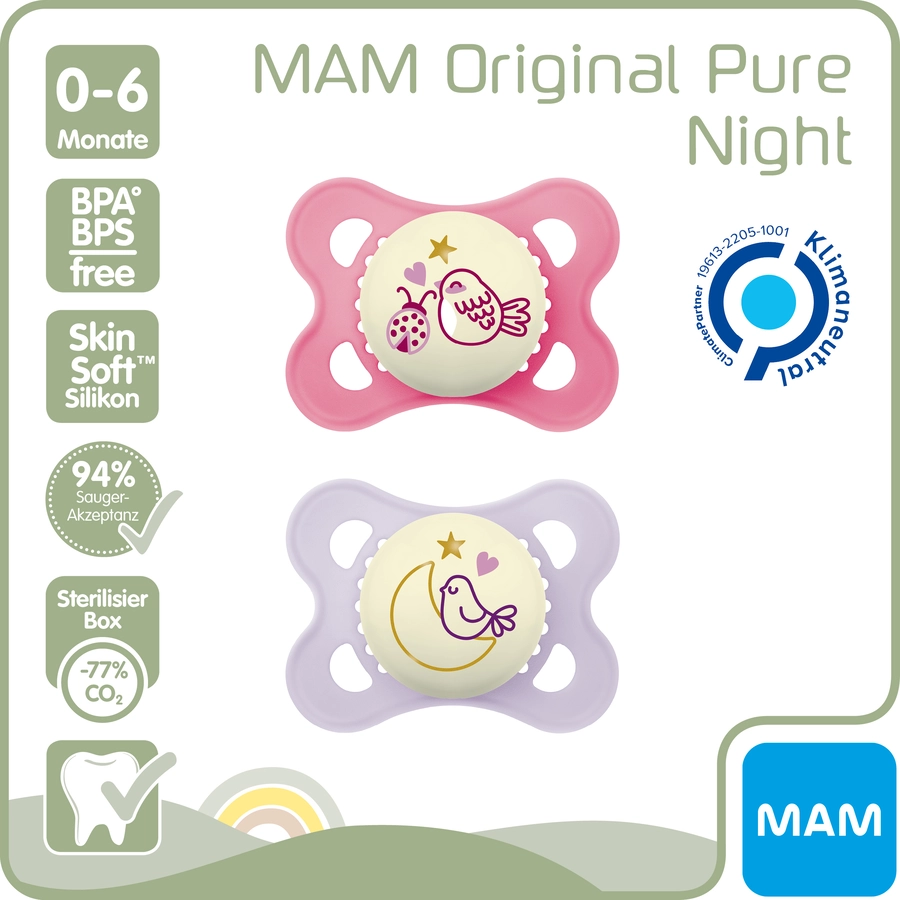 MAM Schnuller Original Night Silikon 2 Stück 0-6 Monate VogelMond