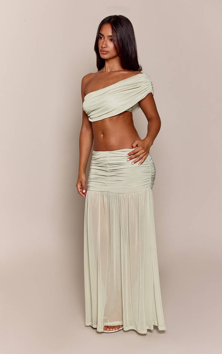 Vert Sauge Haut Bandeau Petite En Maille Extensible Drapée Avec Découpes Et Ensemble Coordonné