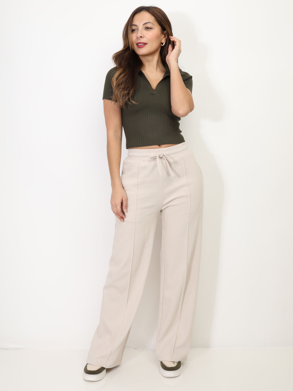 Top en maille à col polo- Kaki