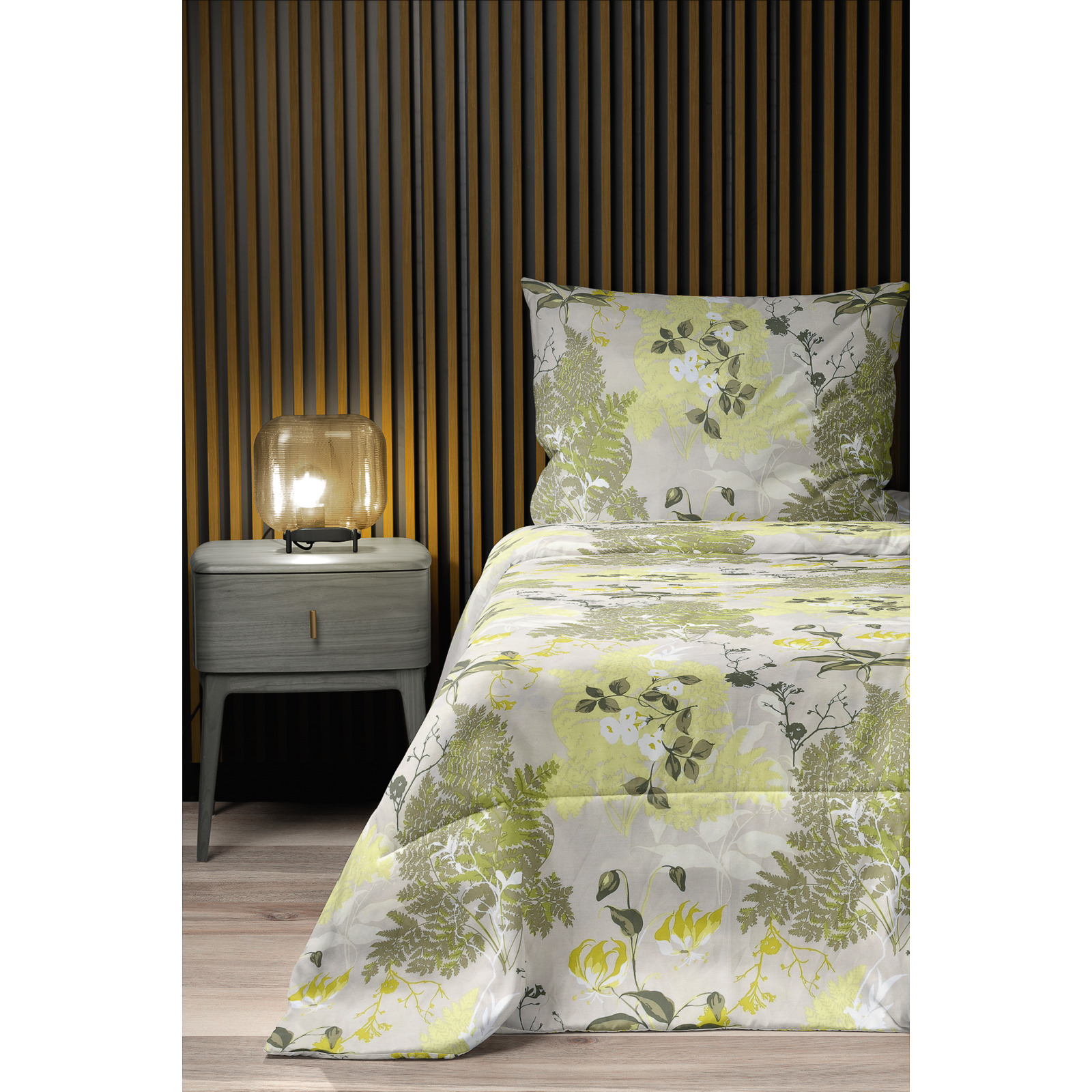 Bettwäsche Satin Waldpflanzen grau grün 160x210 65x100 Bettanzug Nord