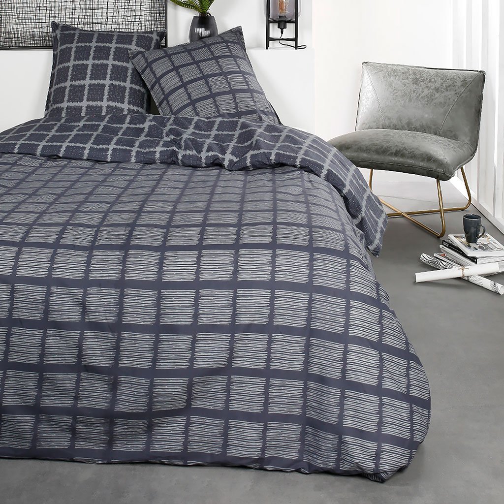 Parure housse de couette SUNSHINE motifs carreaux gris et bleu 220x240cm coton 57 fils