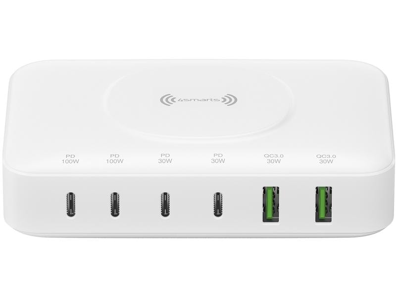 4smarts 7in1 GaN Ladestation Weiss 7-Port Ladestation mit Schnellladefunktion und integrierter kabelloser Ladefläche