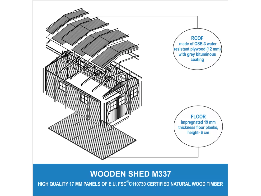 Abri de jardin en bois AVEC LES PLANCHERS IMPRÉGNÉ - - H226x324x516 cm/15 m² - TIMBELA M337+M337G