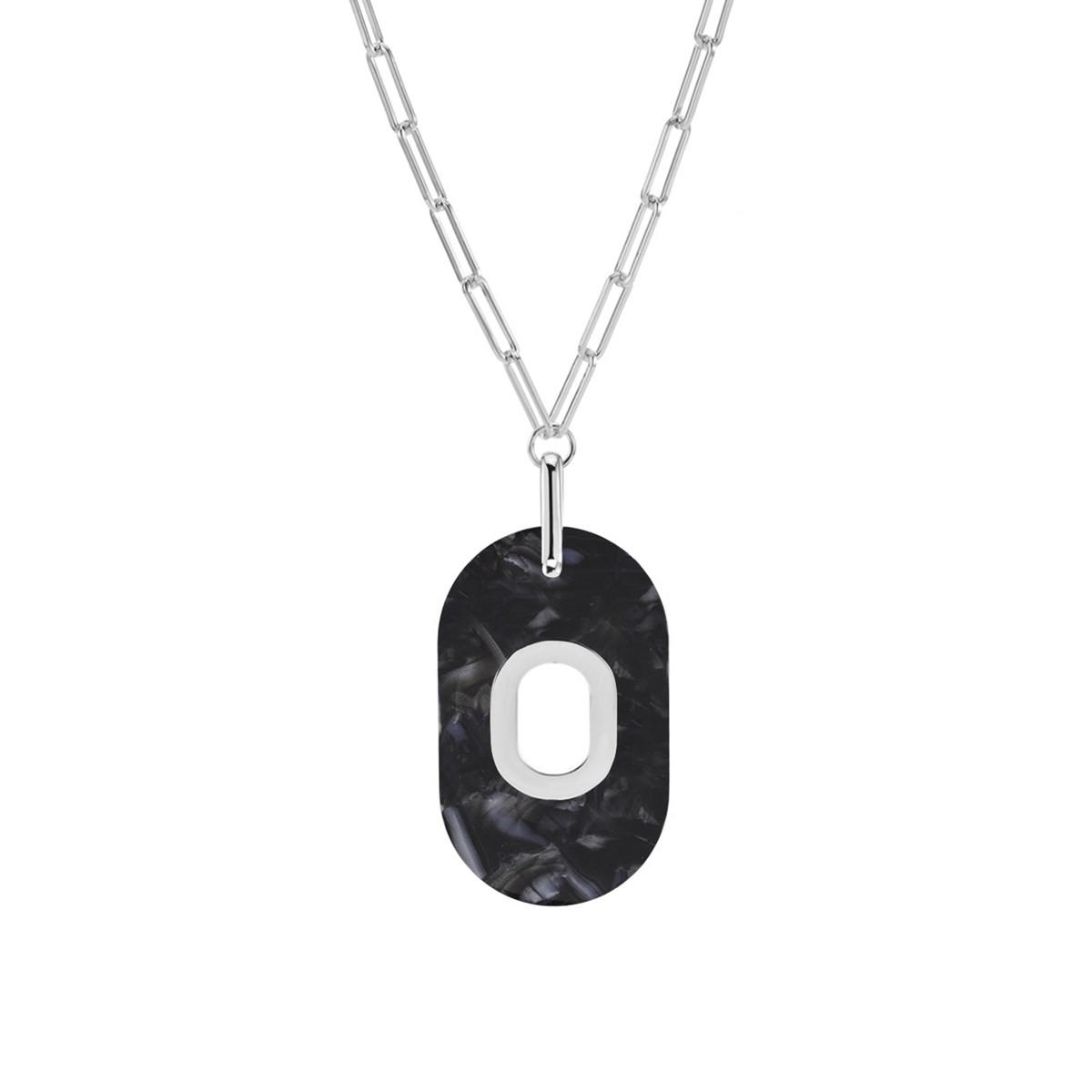Collier En Argent Et Acétate Noire Ovale