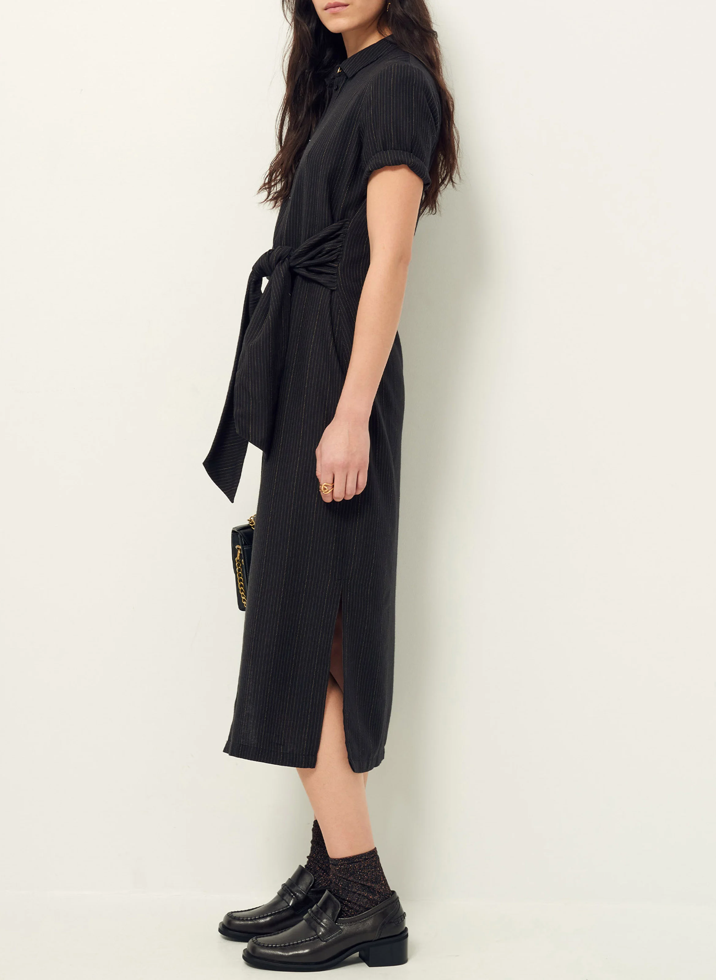 CHRISTIANA - Robe chemise midi rayée en coton et laine | Noir