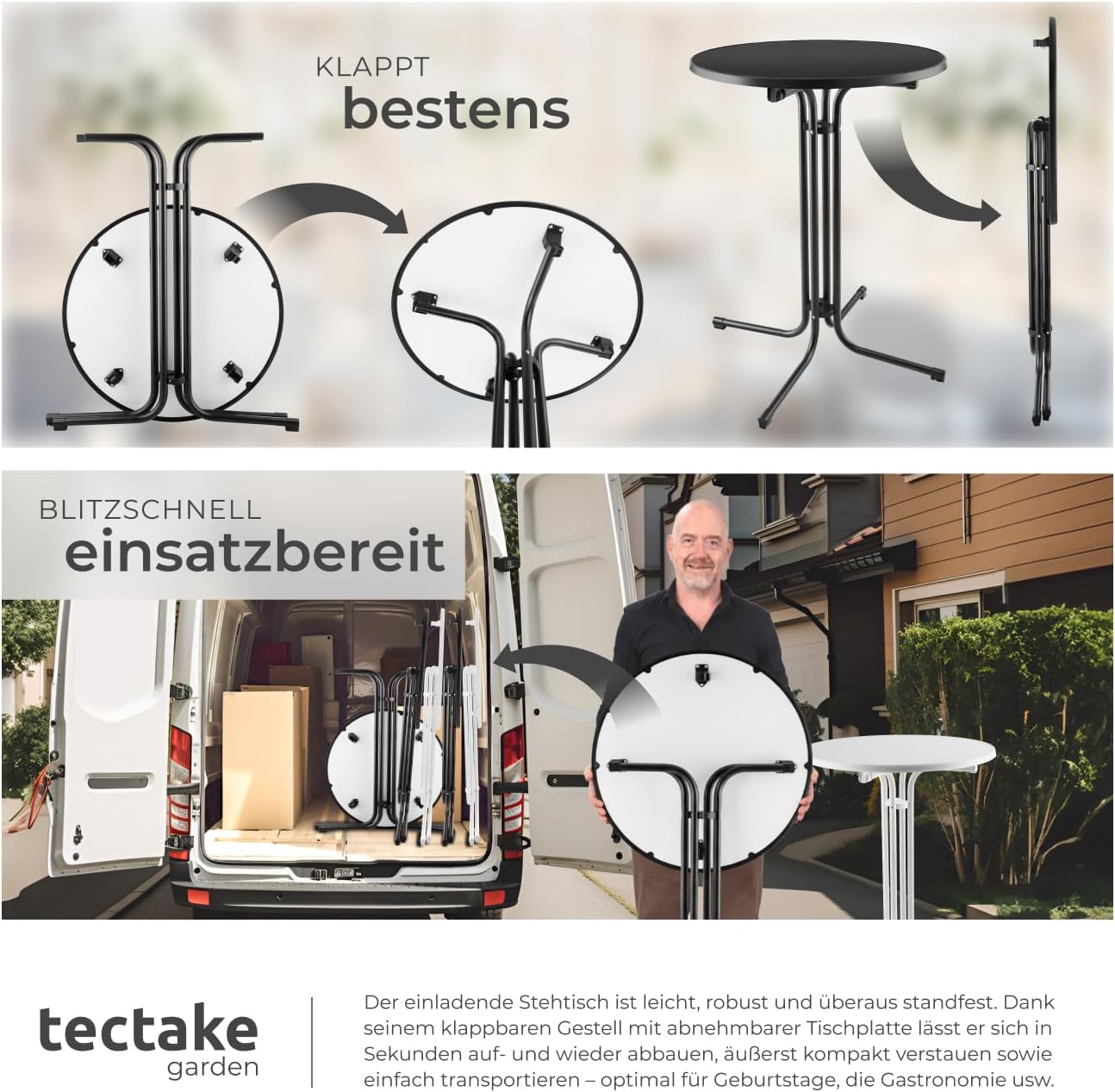 tectake® Gastro 2er Set Stehtisch klappbar, Bistrotisch mit Husse, Tisch Ø80cm, Stehtisch mit MDF-Tischplatte, Gartentisch klappbar, Klapptisch, rund, Stahlgestell, stabil, robust - schwarz, 2er Set