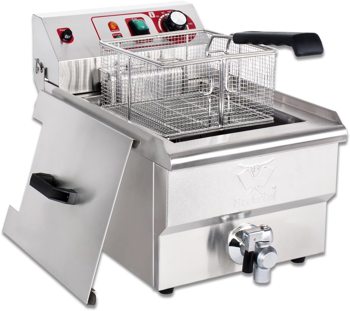 Beeketal 'BWF-131' Profi Gastronomie Kaltzonen Fritteuse (13l Volumen für max. 8,5l Öl) Gastro Imbis Friteuse mit Ein/Aus Schalter, Doppelheizspirale und Fettablaufhahn - 400V Starkstrom