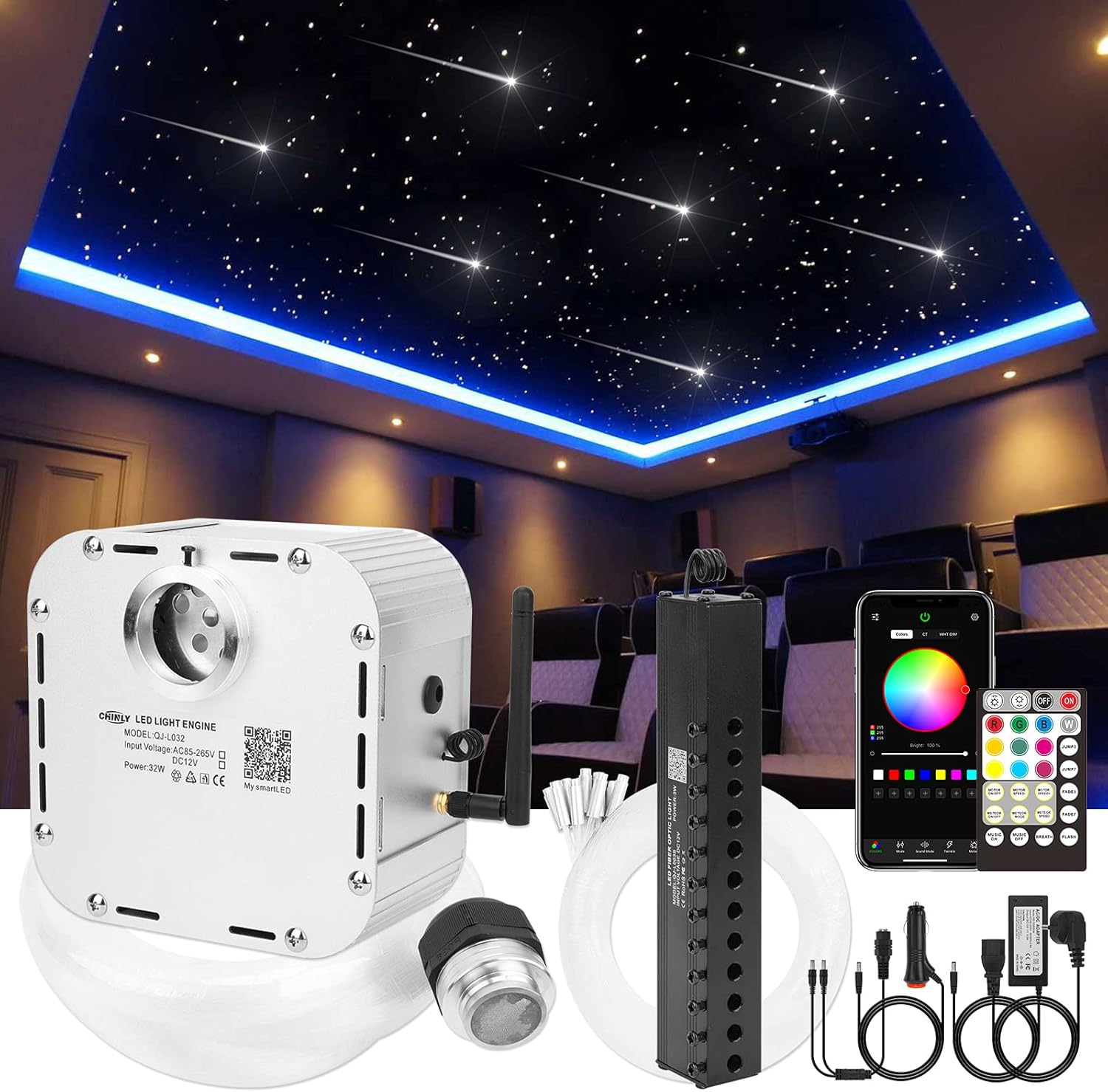 CHINLY Bluetooth Meteor 32W Funkeln RGBW APP LED Glasfaser Star Star Deckenleuchten Kit APP Gemischt 1008 Stück * 5m + 10 Kristalle Glasfaser + für Zuhause/Auto