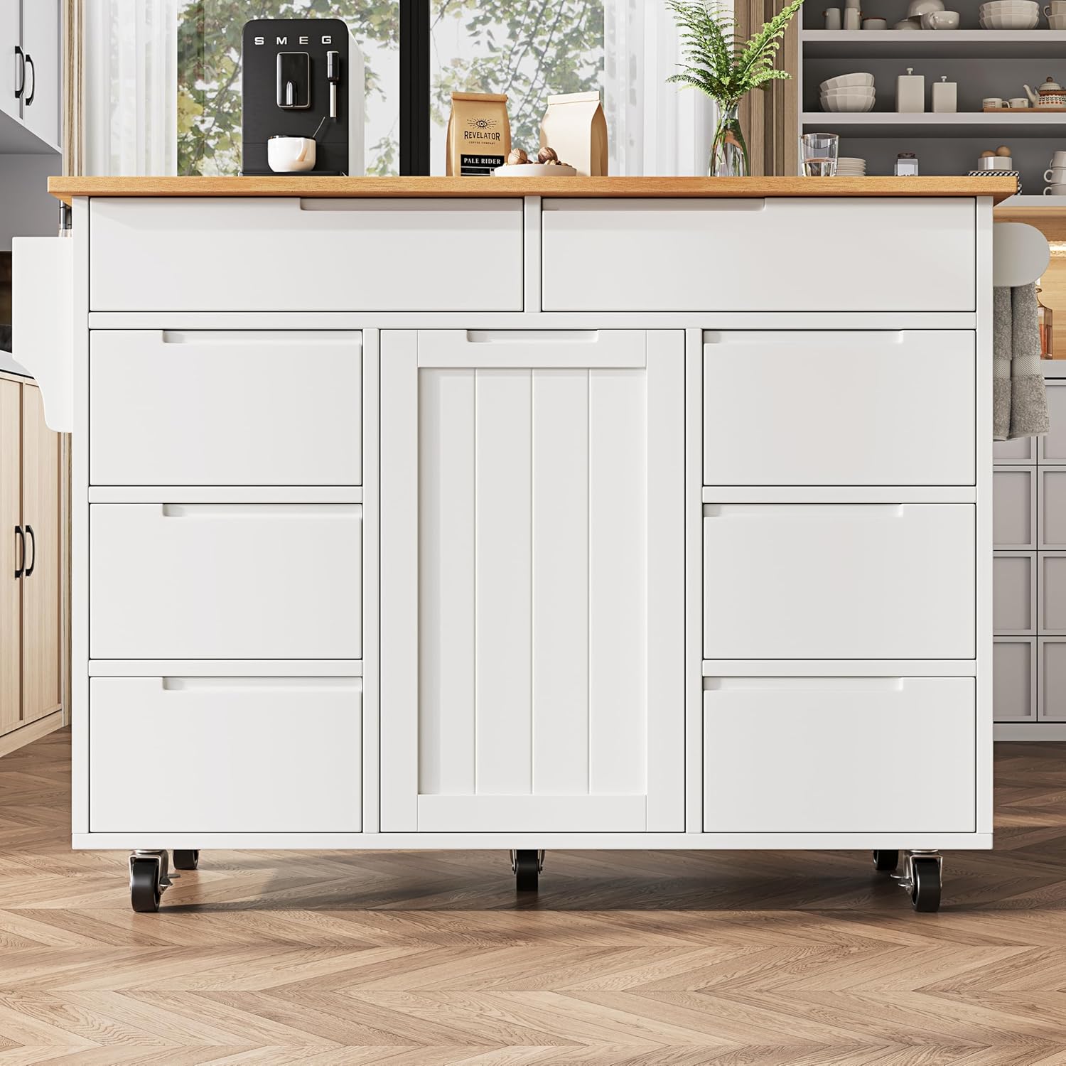 ZYLOYAL10 Moderne Kücheninsel, Küchenschrank, Ausziehbarer Küchenwagen mit Rollen und Arbeitsplatte, Servierwagen mit Gewürzregal und 8 Schubladen (Weiß)
