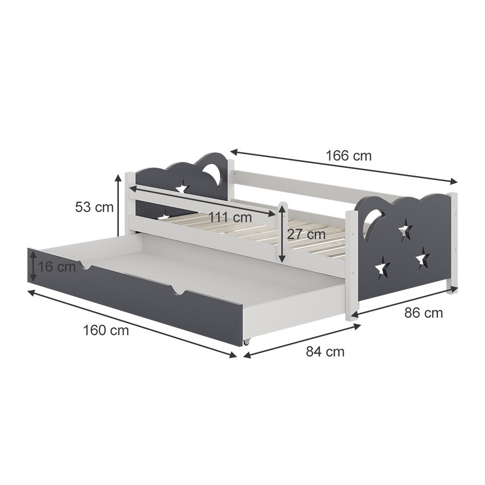 VitaliSpa Kinderbett Einzelbett Juniorbett Jessica Weiß Grau 160x80 cm modern Kinderzimmer Bett Bettschublade Rausfallschutz