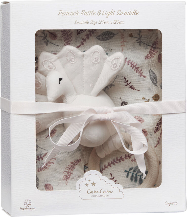 Cam Cam Copenhagen GIFT BOX: SWADDLE & PEACOCK RATTLE Pressed leaves rose