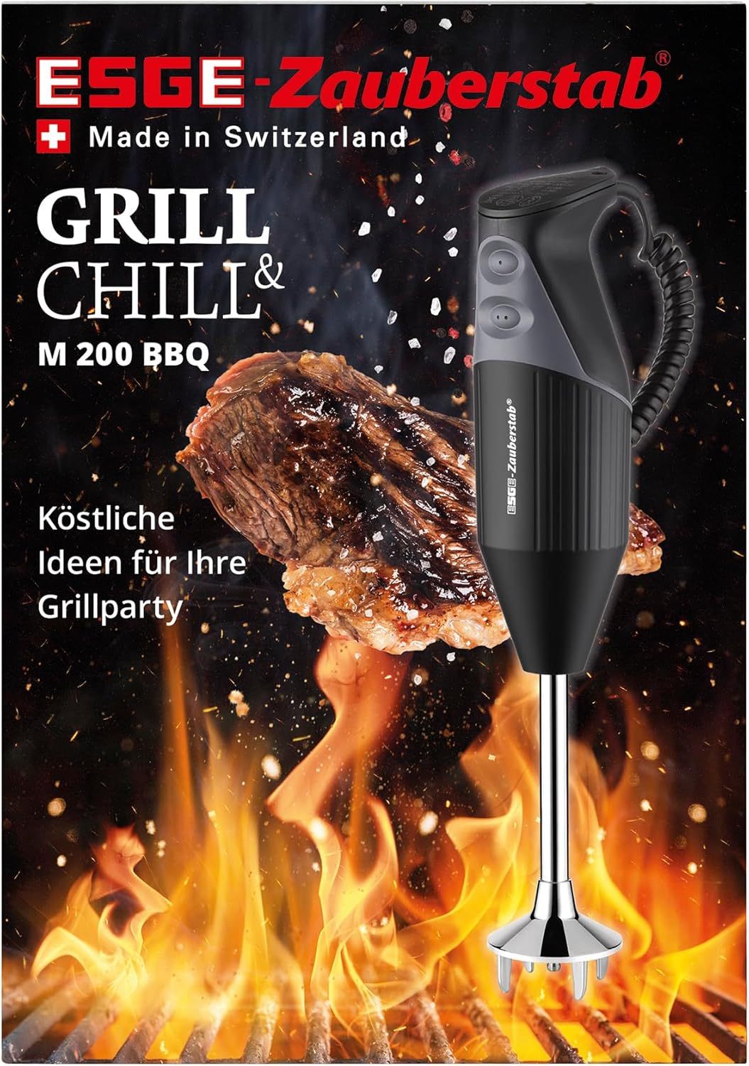 ESGE Zauberstab M 200 BBQ 98215 Stabmixer schwarz, Pürierstab, Handmixer, Profi, inkl. Zubehör, bis zu 17.000 U/Min, 200 Watt, Ergonomisches Griffdesign, Twinschalter, Aufsteckzentrierung, AC-Motor