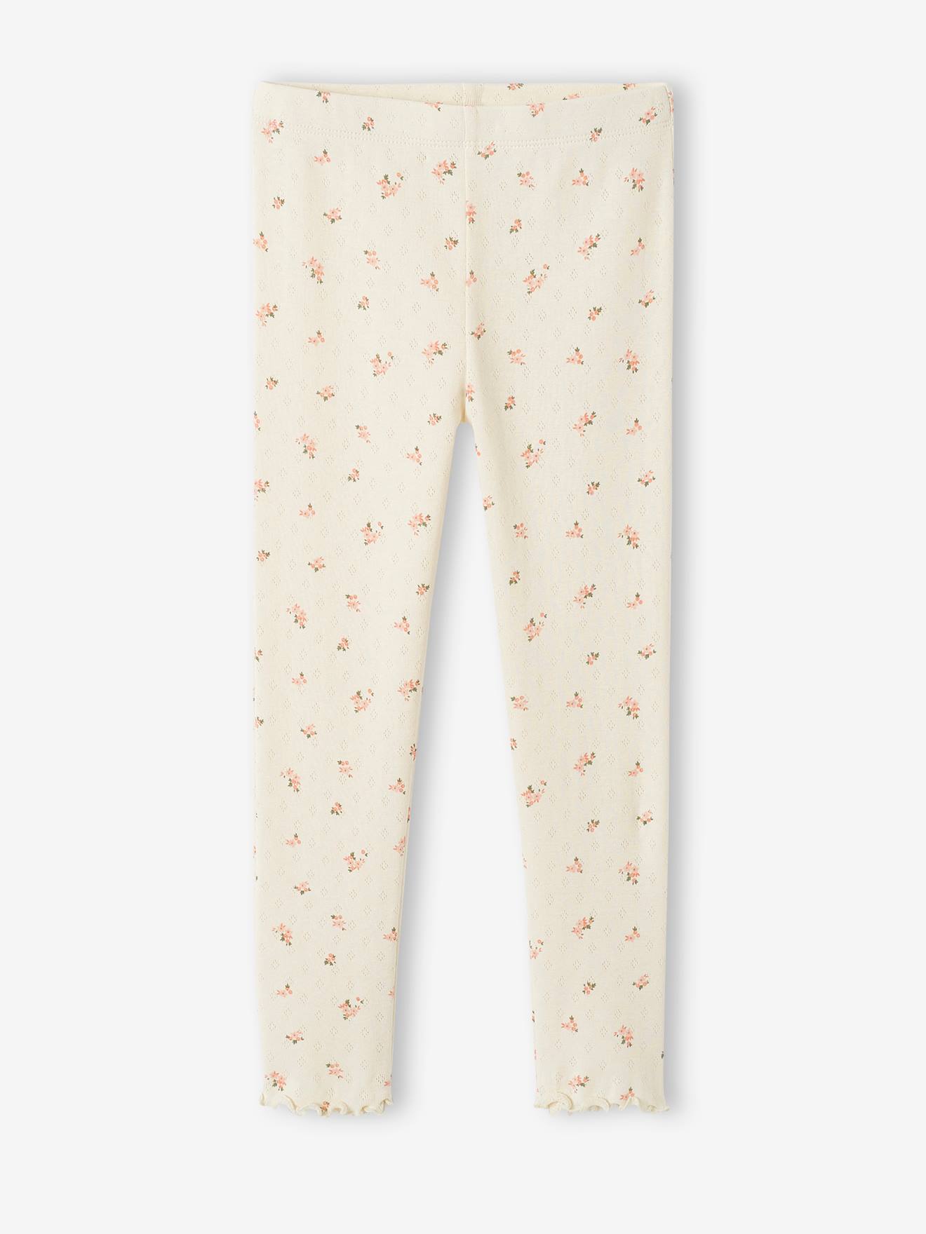 Pijama de malha vazada com estampa floral para meninas, cor cru