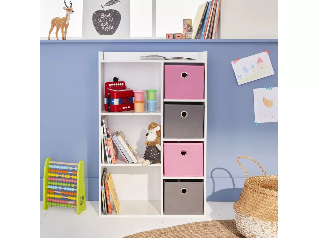 Meuble de rangement pour enfant. blanc - Camille - avec 7 compartiments et 4 paniers gris et roses