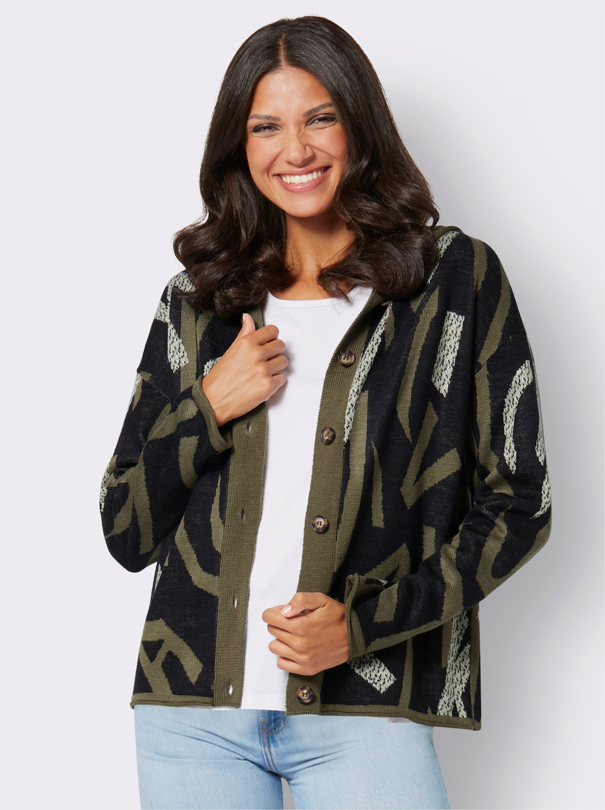 Kapuzenstrickjacke mit modernem Jacquard-Muster