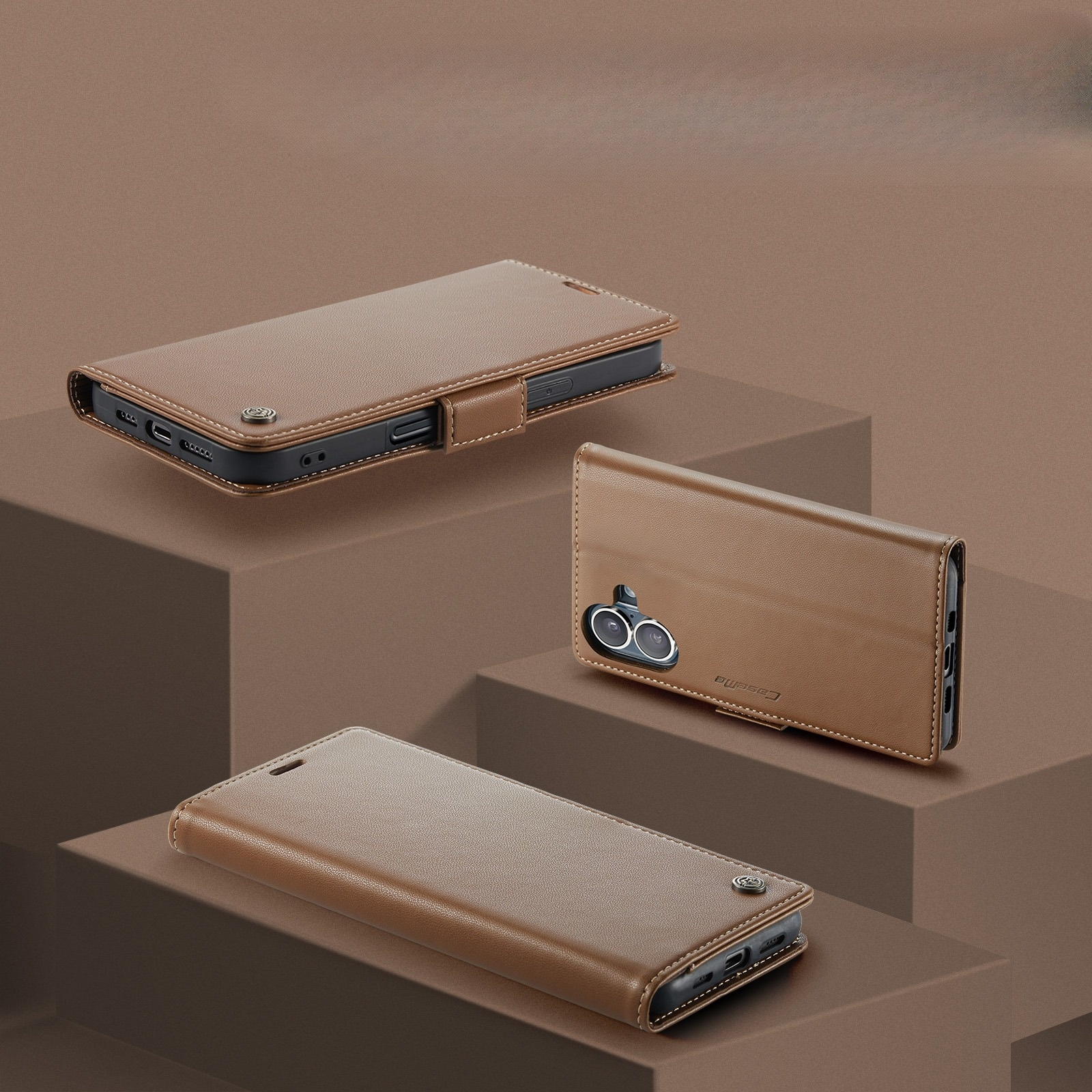 iPhone 17 Leder Tasche Flip Wallet Etui mit Kartenfächern Litchi Look (RFID Schutz) - Braun