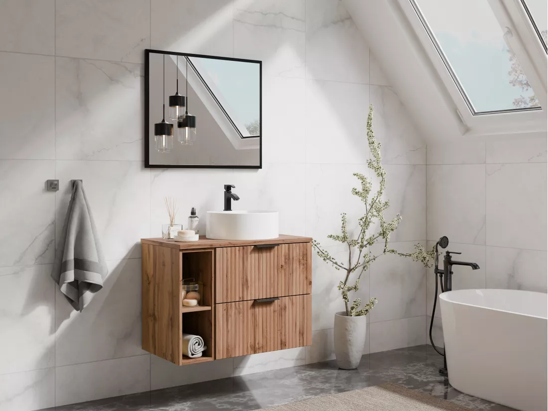 Meuble de salle de bain suspendu strié avec niches et vasque à poser ronde - Naturel clair - L80 cm - ZEVARA