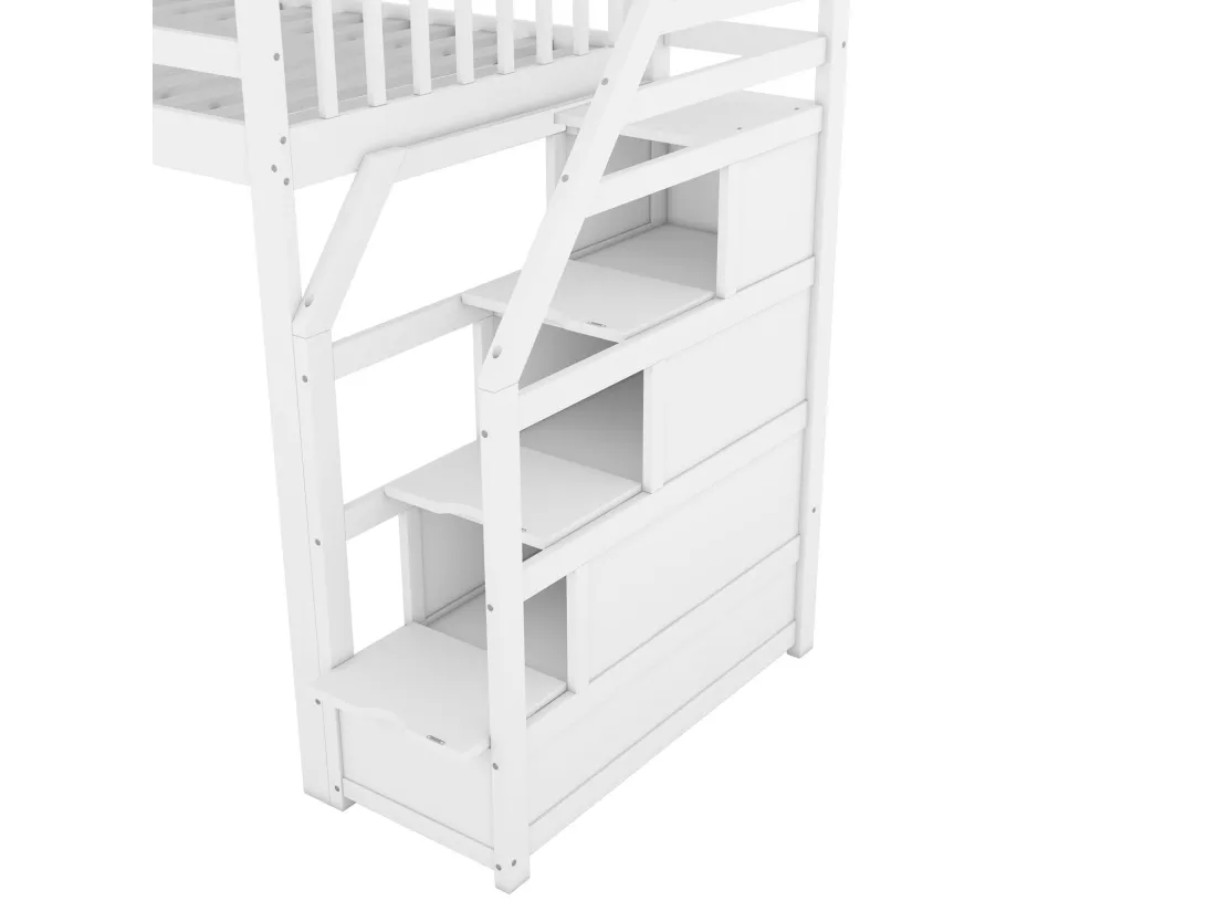 Lit mezzanine 90 x 200 cm avec toboggan et escalier de rangement - Pin et MDF - EN747 certifié - Blanc