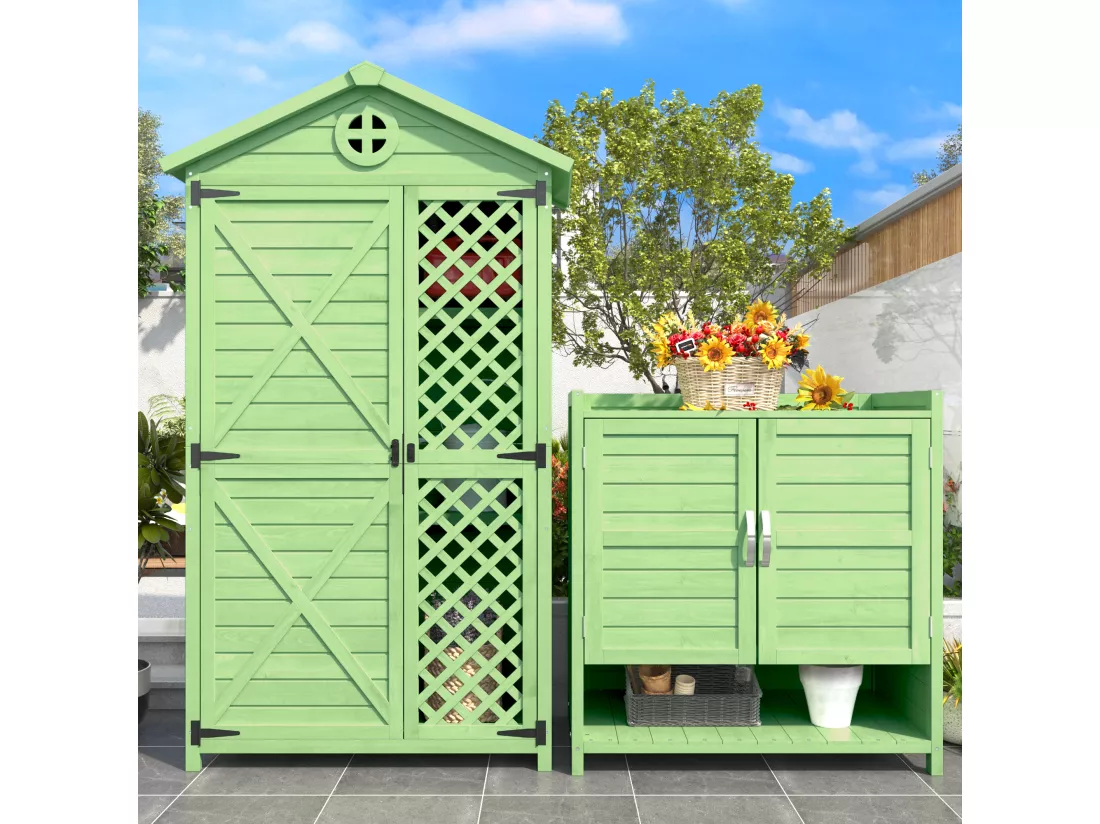 Ensemble Abri de jardin + armoire de jardin en bois massif - toit pente résistant aux intempéries - Gris