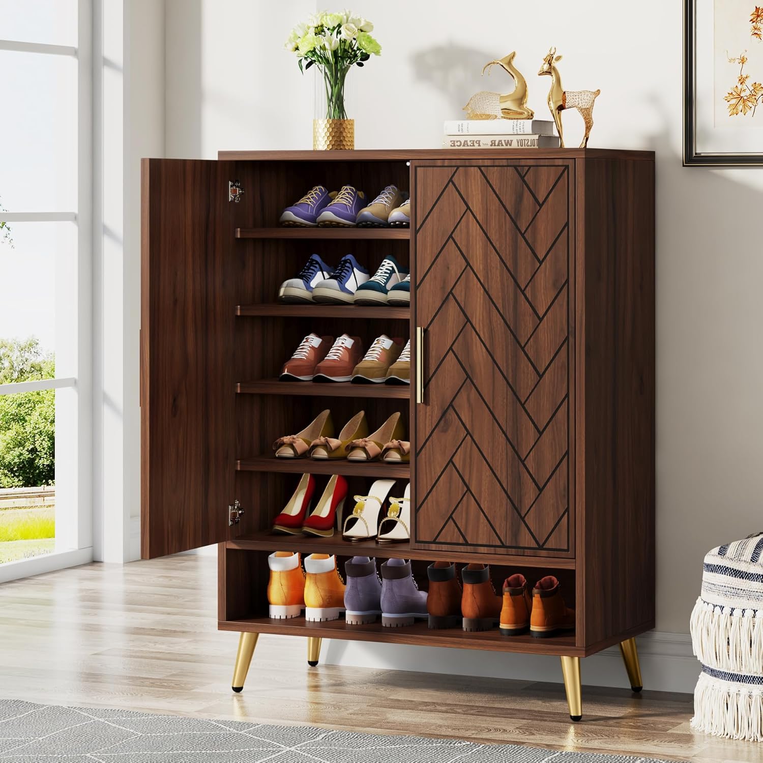 LITTLE TREE Schuhschranks, Holz Schuhkommode mit 2 Türen, Schuhregal mit 6 Ebenen und verstellbaren Regalen, Schmaler Schuhschrank für Wohnzimmer, Flur, Schlafzimmer, Braun