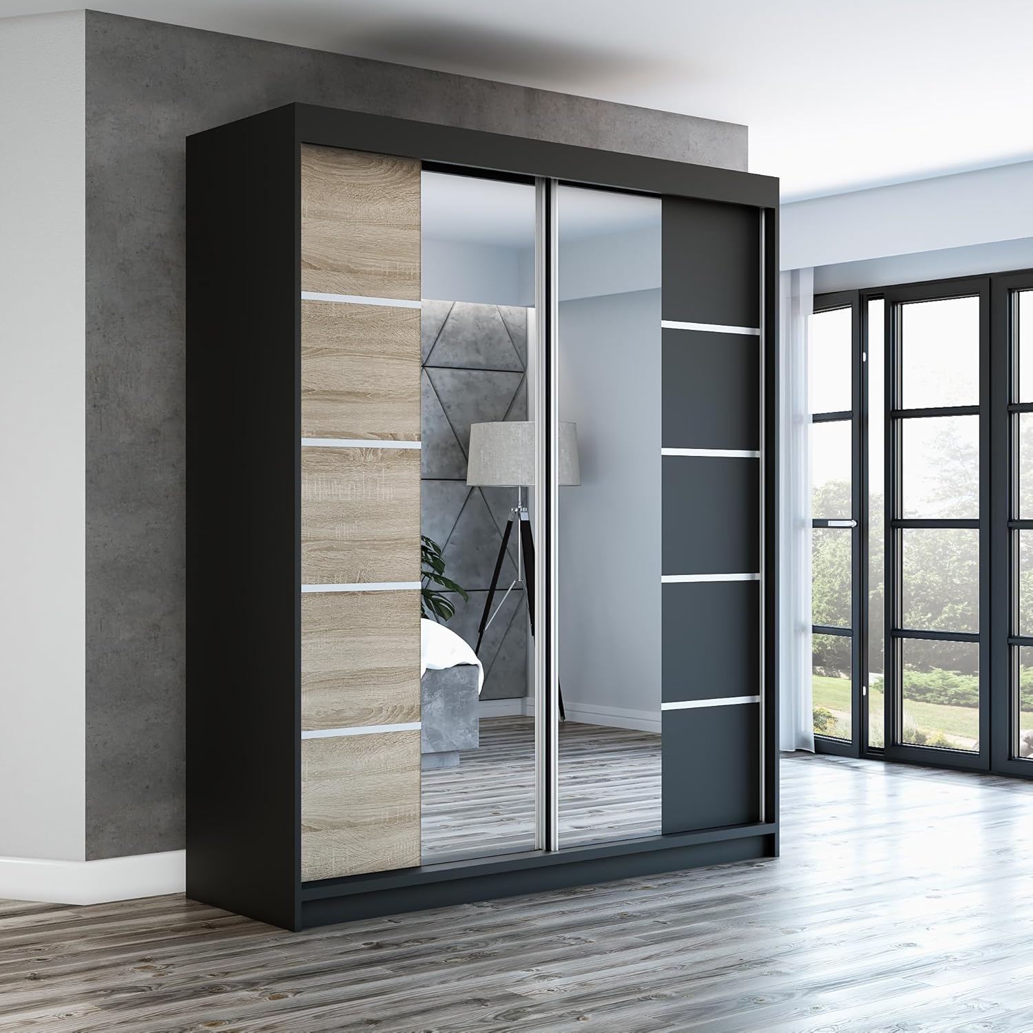 A&J MöbelLand Schwebetürenschrank ERA Kleiderschrank 2-türig mit Spiegel, Garderobe 160 cm (Schwarz/Sonoma/Schwarz)