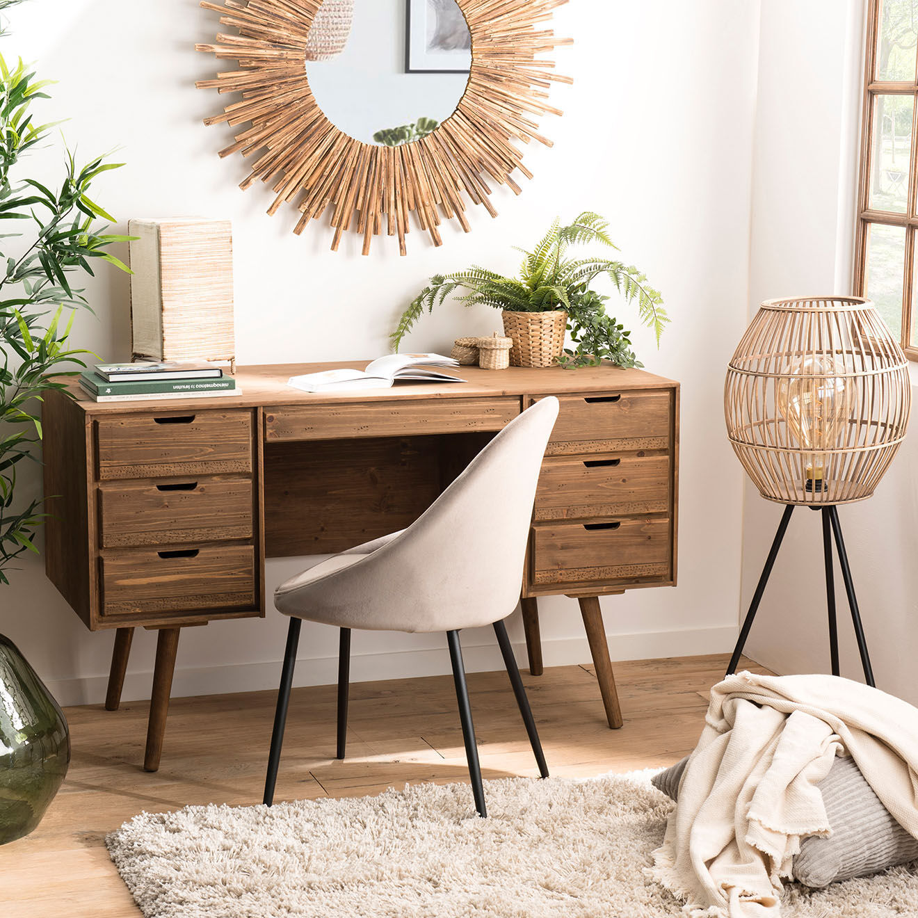 Macabane Bureau scandinave bois 6 tiroirs sapin andy bois - 128x57x77 cm
