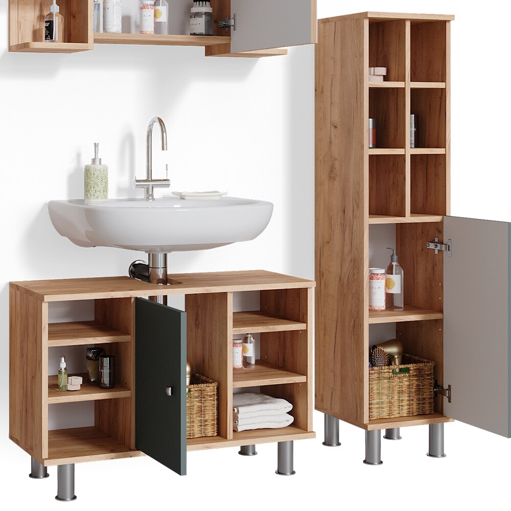 Vicco Badmöbelset Waschtischunter 80cm Spiegelschrank Midischrank große Tür Fynn