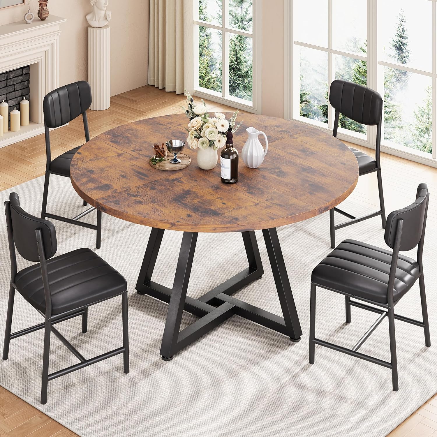 Runder Esstisch für 2–4 Personen, Küchentisch mit stabilem Metallgestell, platzsparender Esszimmertisch im Industrial Design (Vintage Braun, 107x107x76cm)