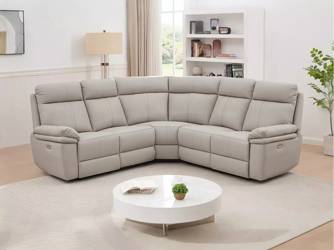 Canapé d'angle relax électrique en cuir gris clair MESOLA
