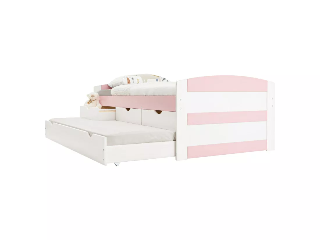 Lit gigogne JESSY lit enfant fonctionnel avec tiroir-lit et rangement 3 tiroirs, couchage 90x190 cm, en pin massif lasuré blanc/rose