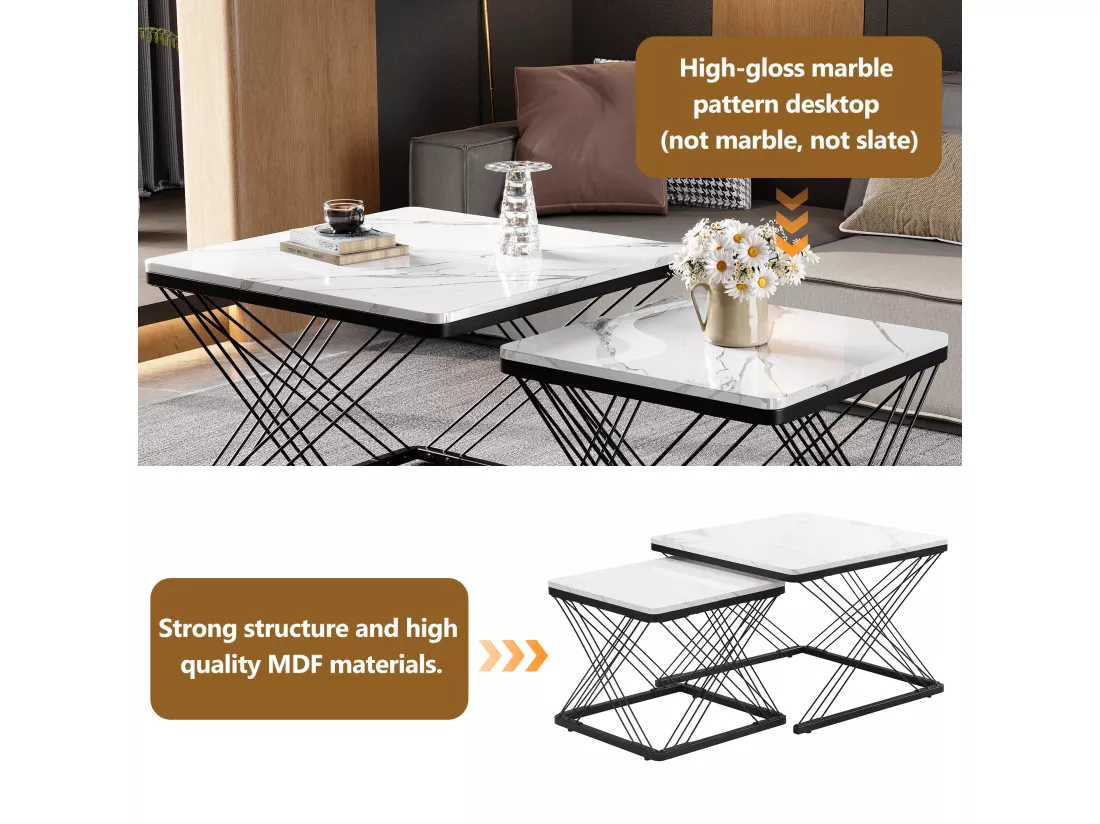 Ensemble de 2 tables basses gigognes élégantes effet marbre brillant AVEDS