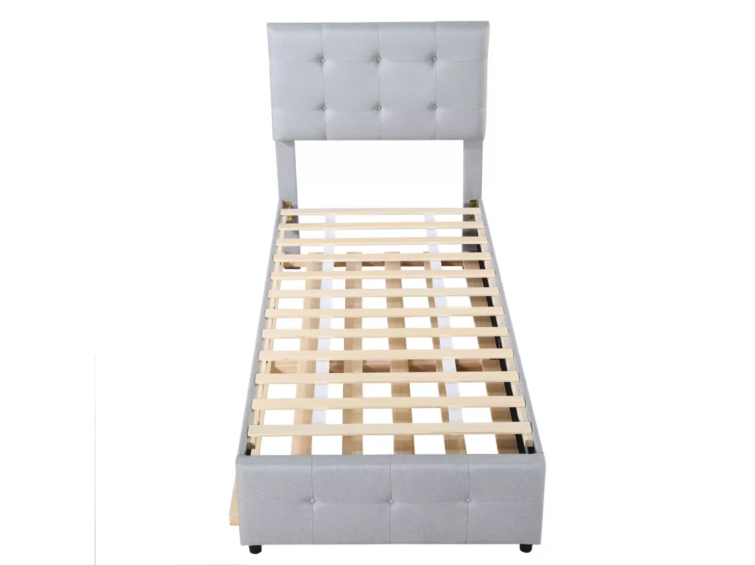 Lit gigogne 90x200cm+90x190cm, Lit capitonné d'enfant, lit extensible en lin avec sommier à lattes, tête de lit réglable, gris