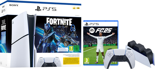 PS5 Slim Disc Edition + Fortnite Voucher + FC 25 + Extra Controller Wit + Oplaadstation