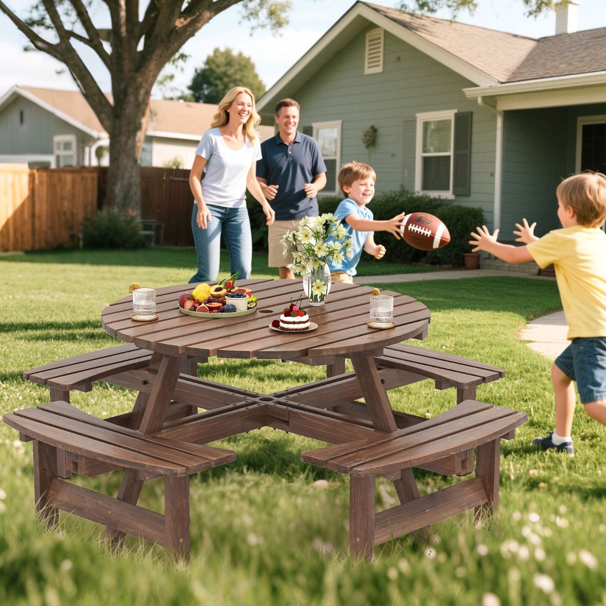 Ensemble Table de Pique-Nique en Bois pour 2 à 8 Personnes Set Table et Banc Circulaire avec 4 Bancs Intégrés Trou de Parasol de 5cm Marron/Jaune - Lidl-Manfred