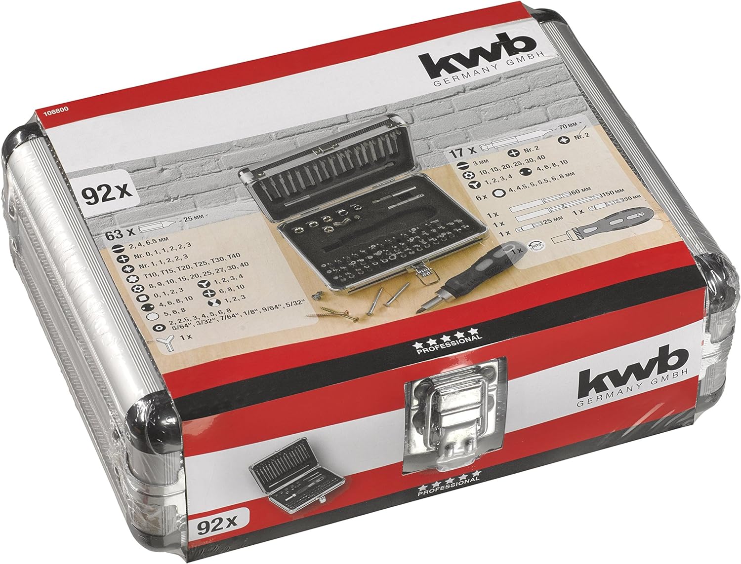 kwb Power Bit-Box 92-tlg 'inkl. Bits, Bithalter mit Dauermagnet, langer Bithalter Sechskant-Schaft und Ratschen-Handgriff in stabilem Metallkoffer
