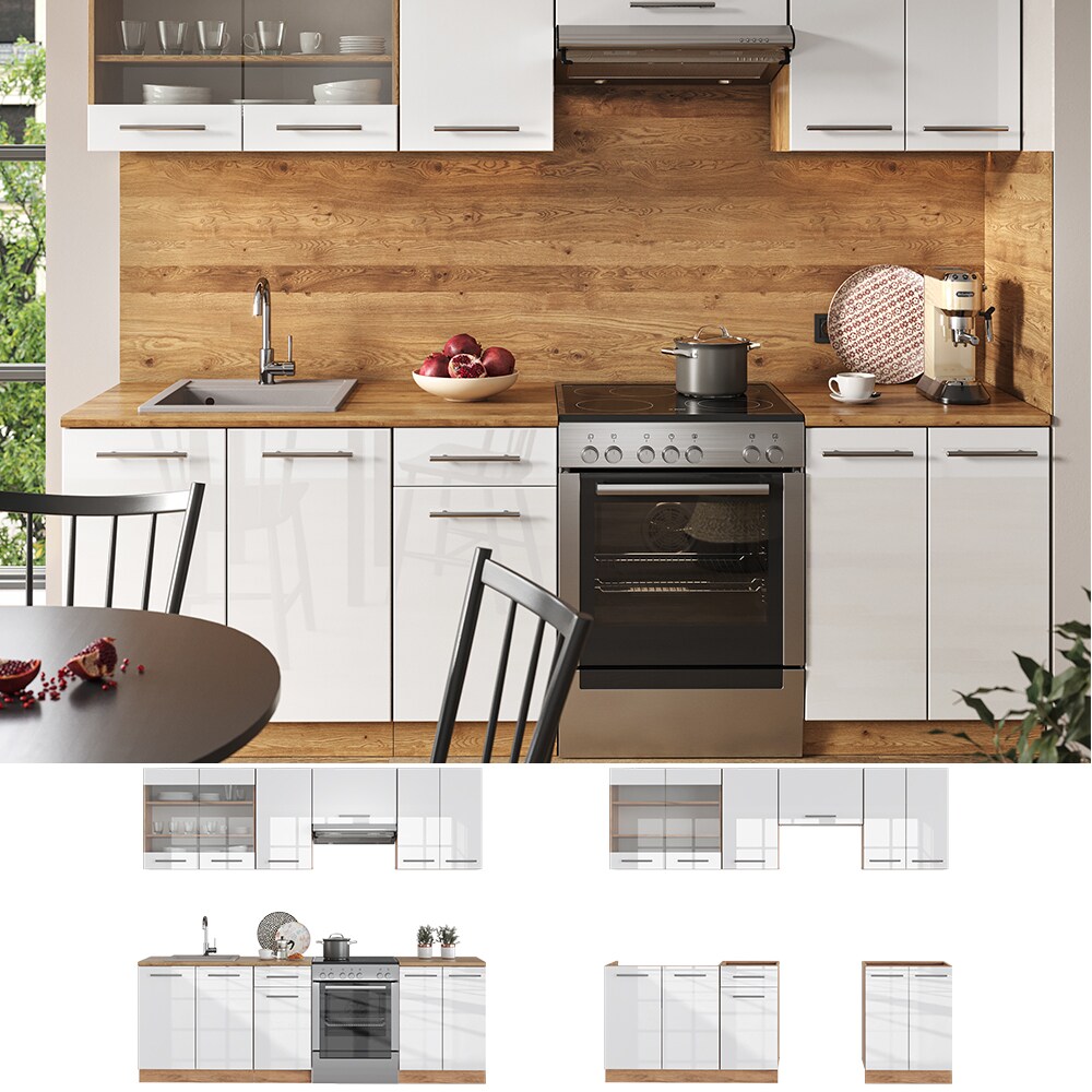 Vicco Küchenzeile Küchenblock Einbauküche Fame-Line Eiche Weiß 240 cm modern Küchen Schränke Spülenunterschrank Schubunterschrank Hängeschrank Hängeglasschrank Hochglanz