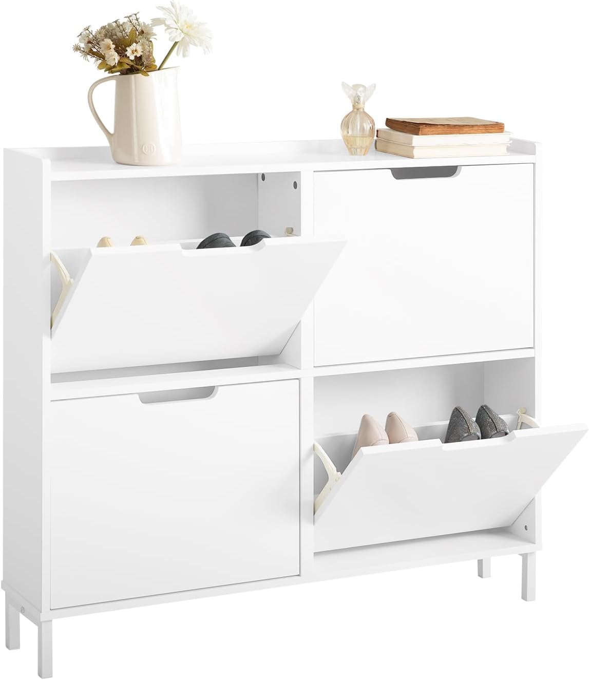 SoBuy Schuhschrank schmal mit 4 Klappen platzsparender Schuhkipper Hoch Kommode mit 4 Ablagen Schuhregal geschlossen Shoe Cabinet Flurschrank für Diele, Flur, Garderobe 100x91x19cm Weiß FSR100-W