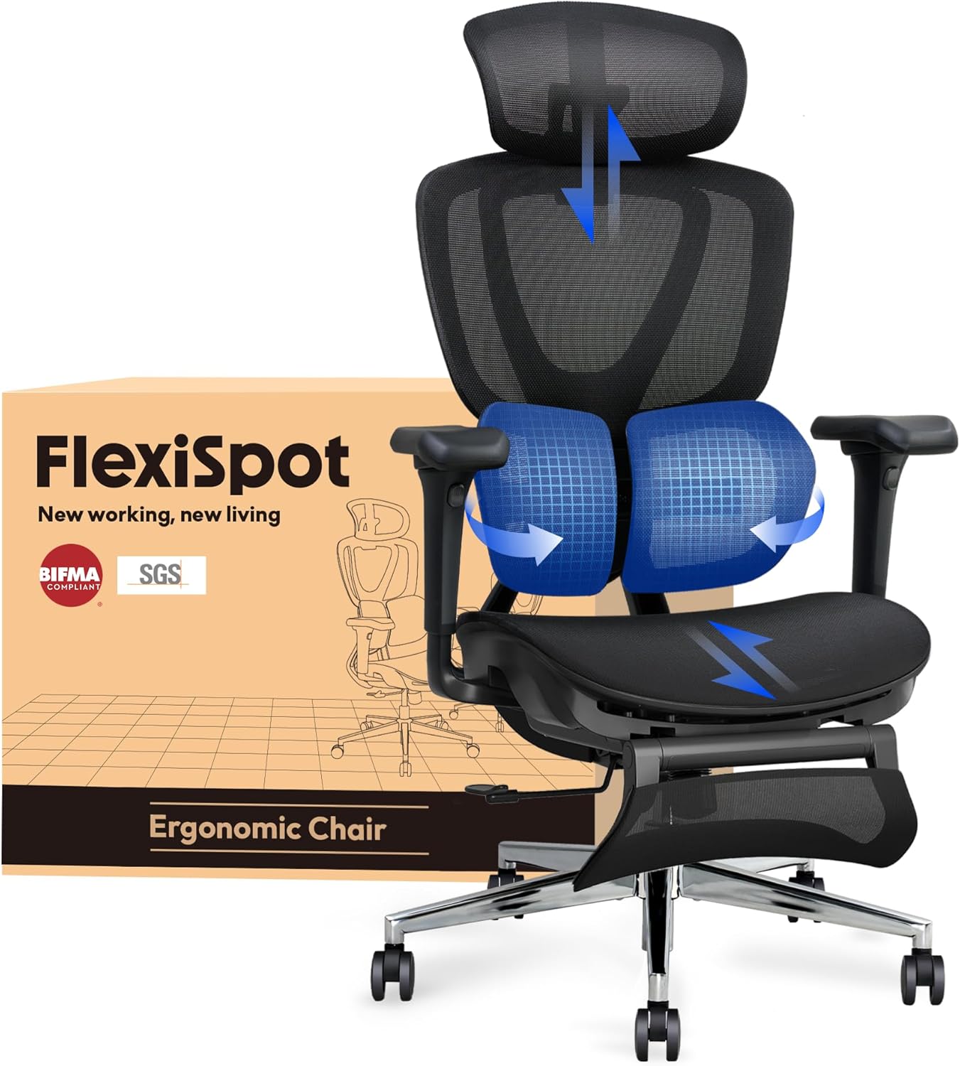 FLEXISPOT Sentinel Ergonomischer Bürostuhl mit Dual-Wing-Lendenstütze, 3D-Kopfstütze & Armlehnen, Verstellbarer Sitztiefe, Rückenlehne, & ausziehbarer Fußstütze, Arbeitsstuhl für Büro (Schwarz)