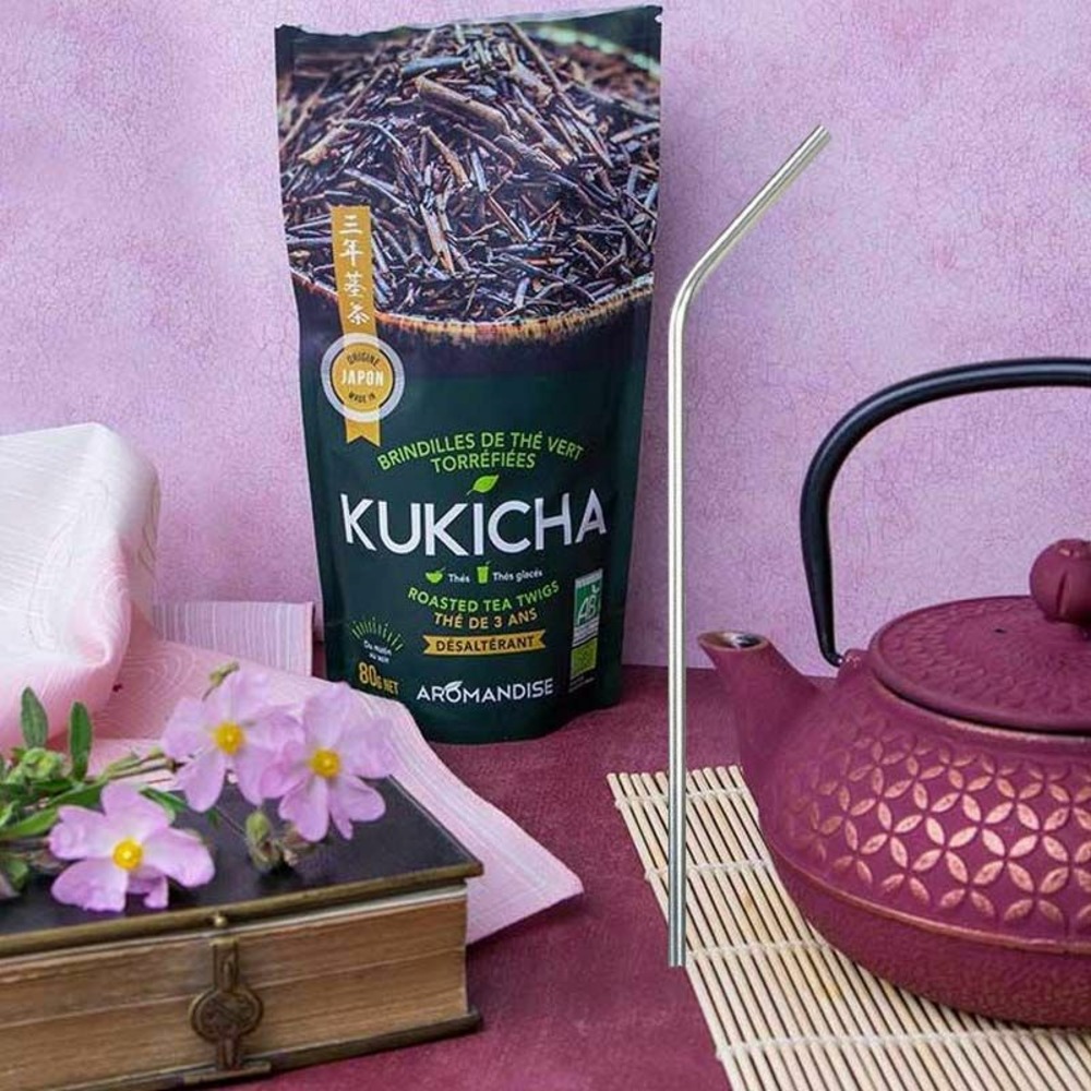 Sachet de thé bio japonais kukicha 80 g + 4 pailles inox
