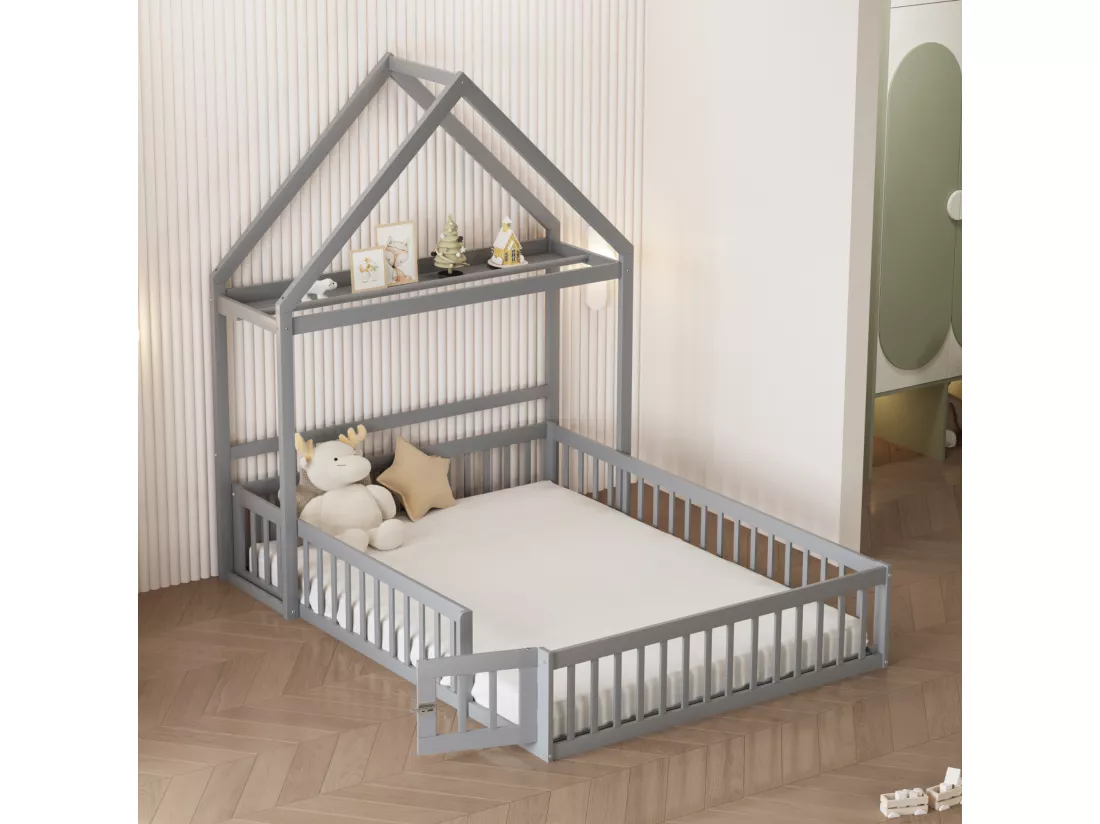 Lit enfant cabane 140x200cm en bois massif - avec tringle à vêtements - Gris
