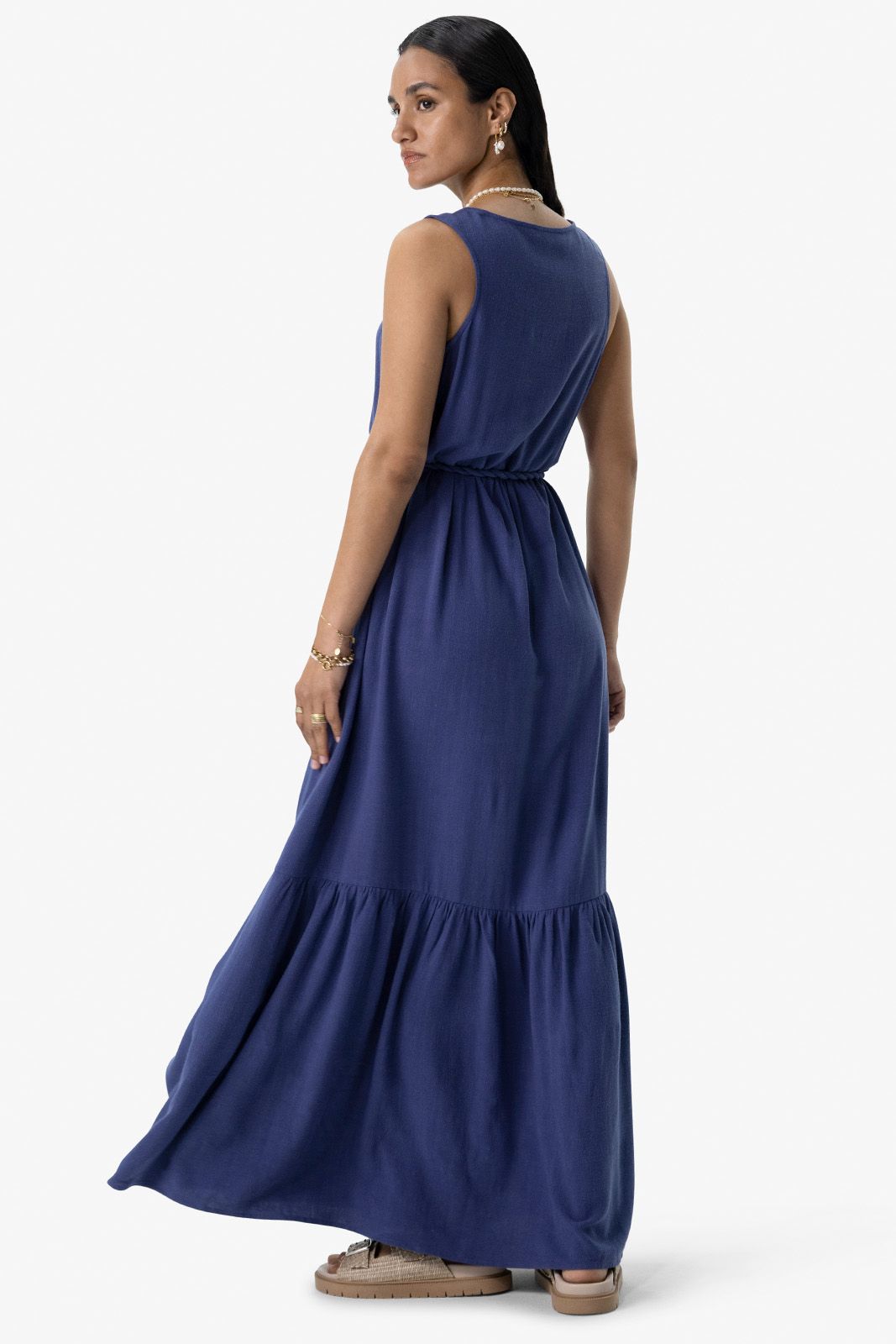 Blauwe maxi jurk met gevlochten riem
