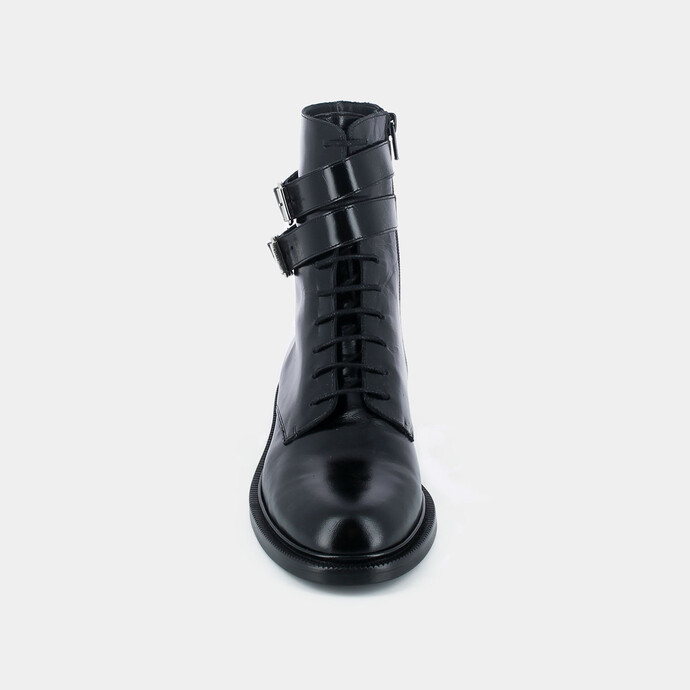 Bottines à boucles et à lacets  en cuir noir