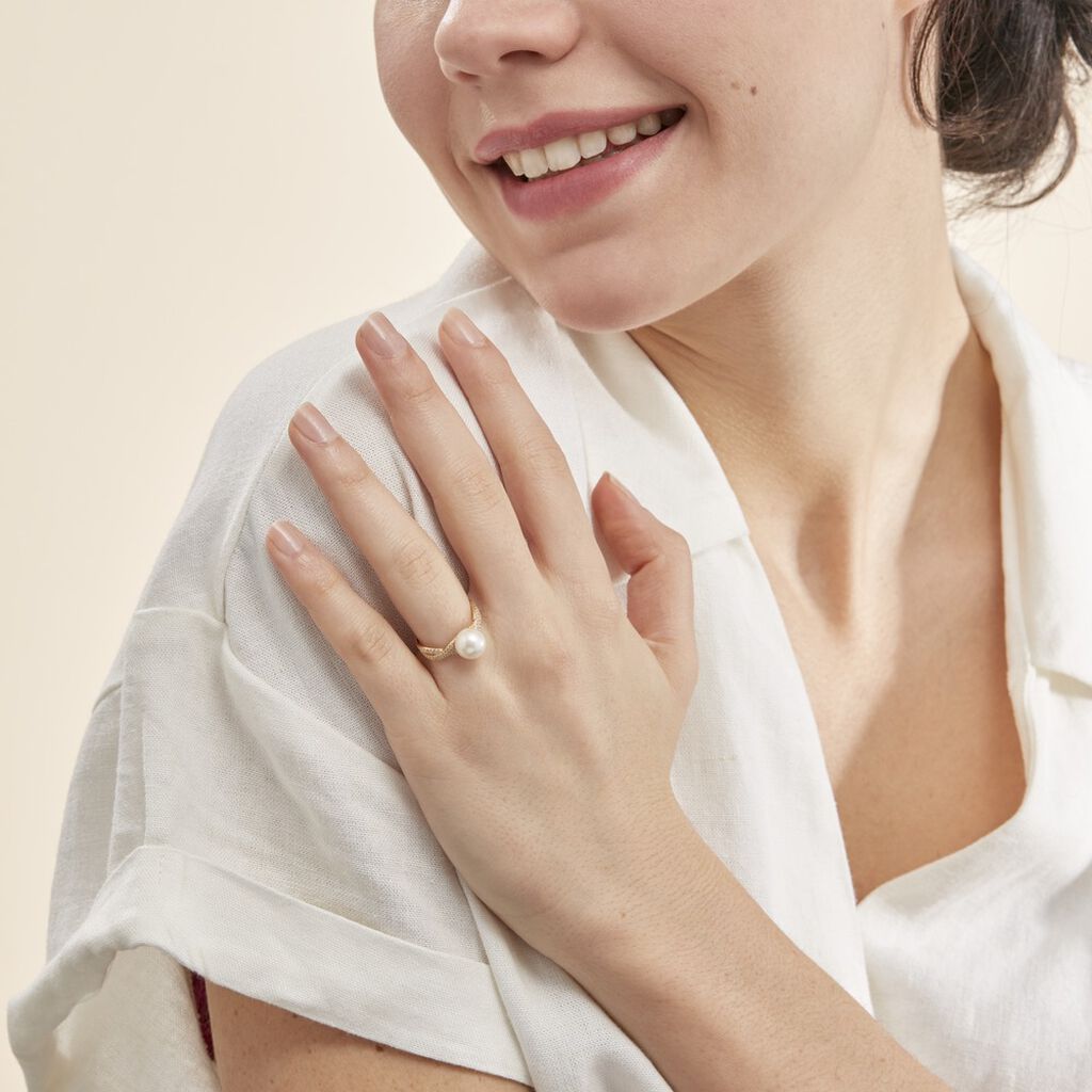 Bague Maria-theresa Or Jaune Perle De Culture Et Oxyde De Zirconium