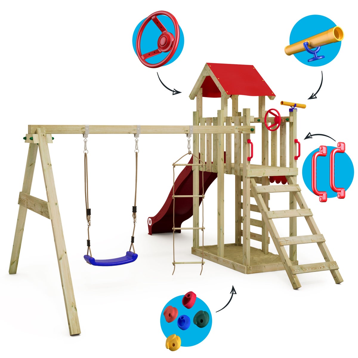 WICKEY MultiFlyer Light speeltoren klimtoestel met schommel en glijbaan, klimtoren met zandbak, ladder en speeltoebehoren – rood