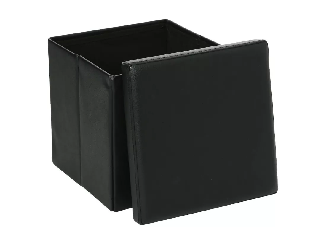 2 en 1 Pouf pliant et coffre de rangement Vinyle Noir 38 x H 37.5 cm