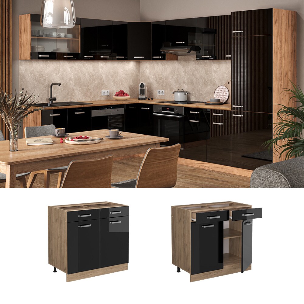 Vicco Schubunterschrank Küchenschrank R-Line Solid Eiche Schwarz 80 cm modern