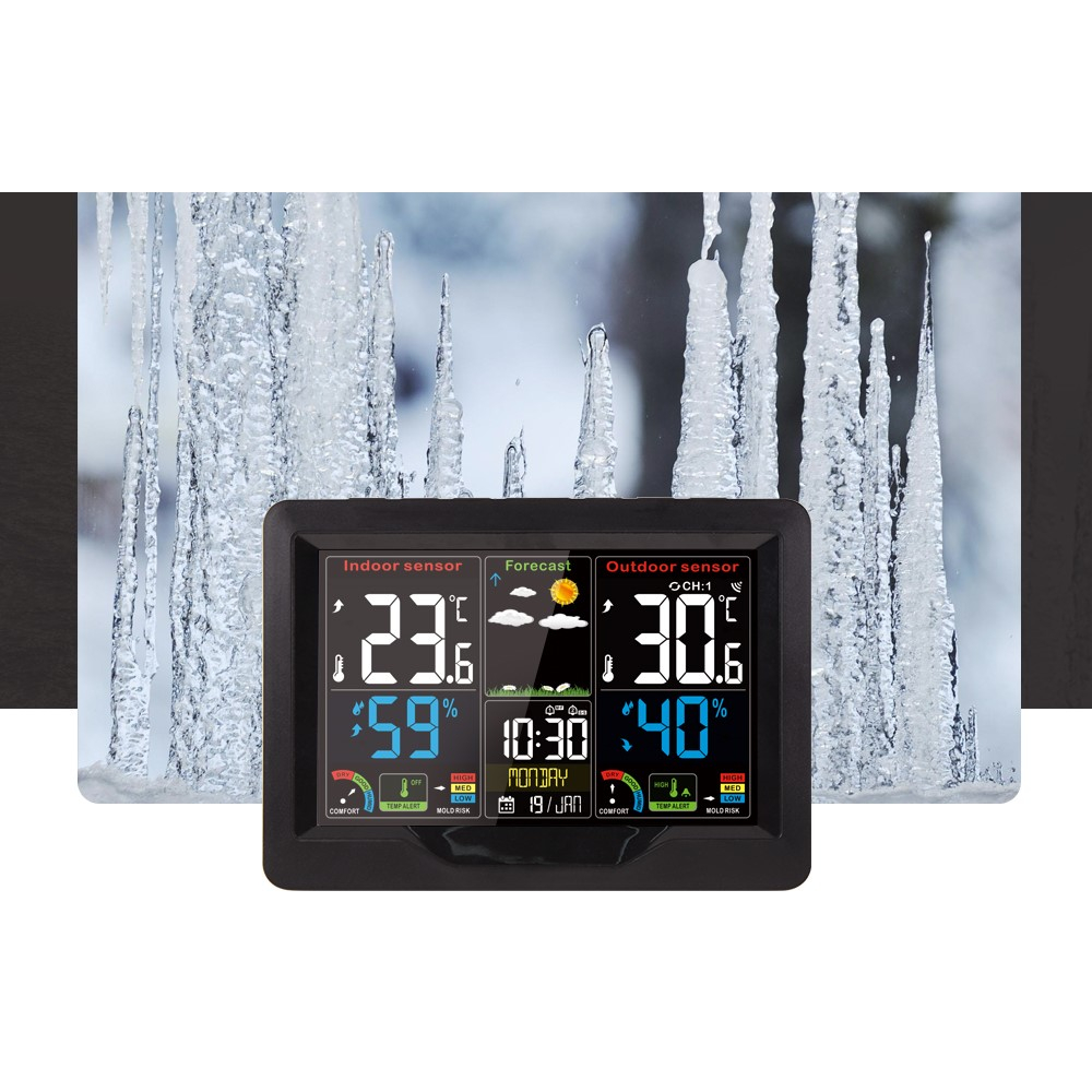 (2-tlg. Set) Wireless Wetterstation Digital Thermometer / Hygrometer / Wecker mit Wettervorhersage   Aussensensor (Batteriebetrieben) - Schwarz