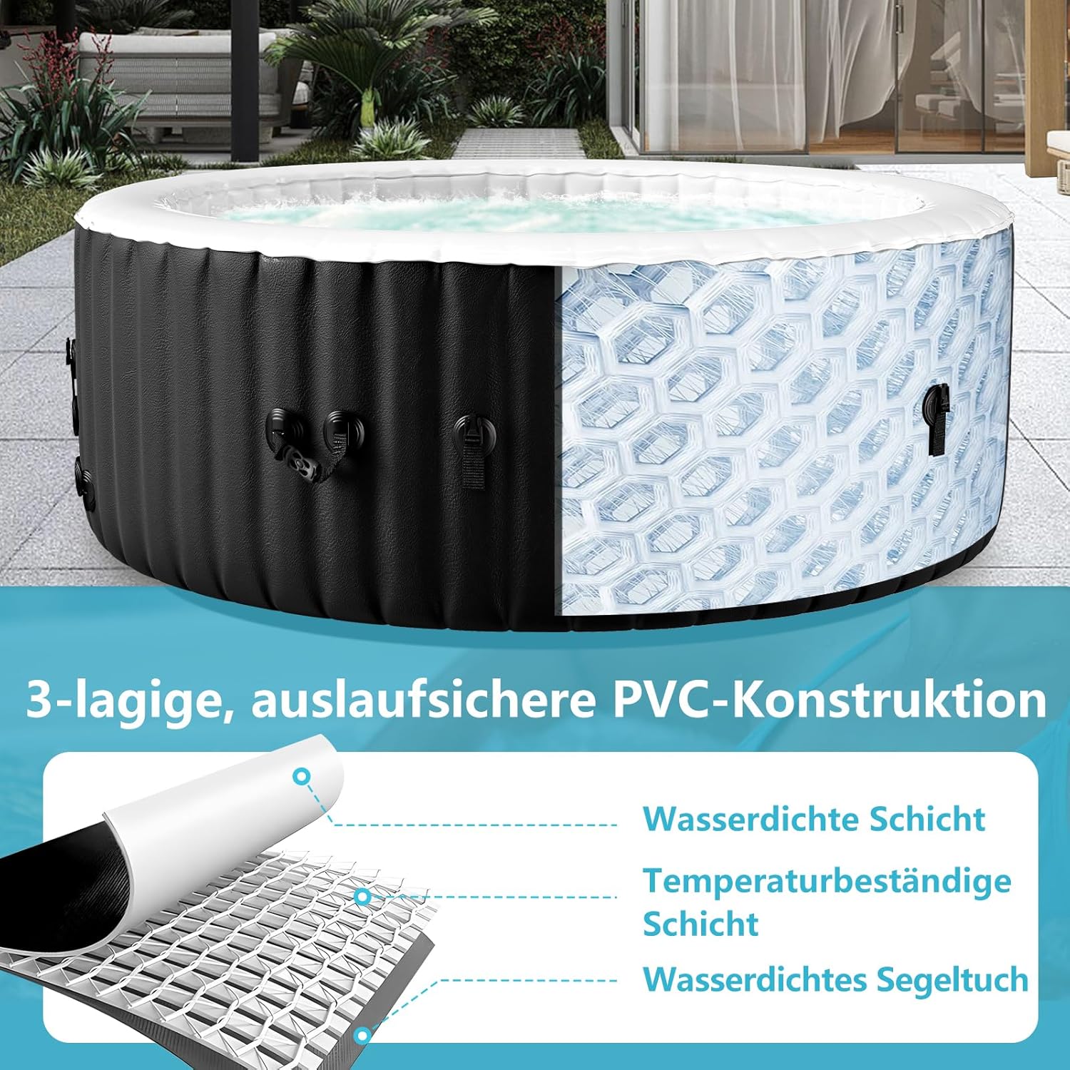 Hot Tub Aufblasbar für 4 Personen, 2400W In/Outdoor SPA Pool Winterfest Mit 120 LuftdüSen, Frostschutz, 799 Liter, Auslaufsichere, Energiesparend, Auto Aufblasen, Bubble Spa & Wellness Massage