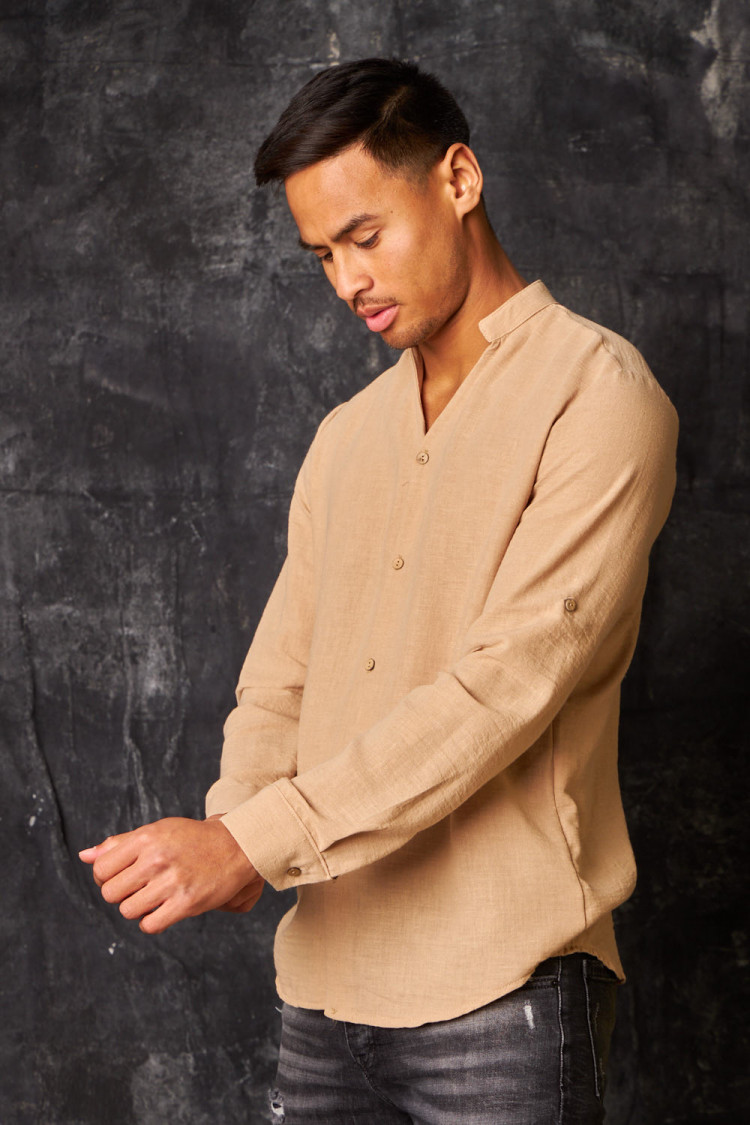 Chemise fluide col V mao texture lin beige foncé